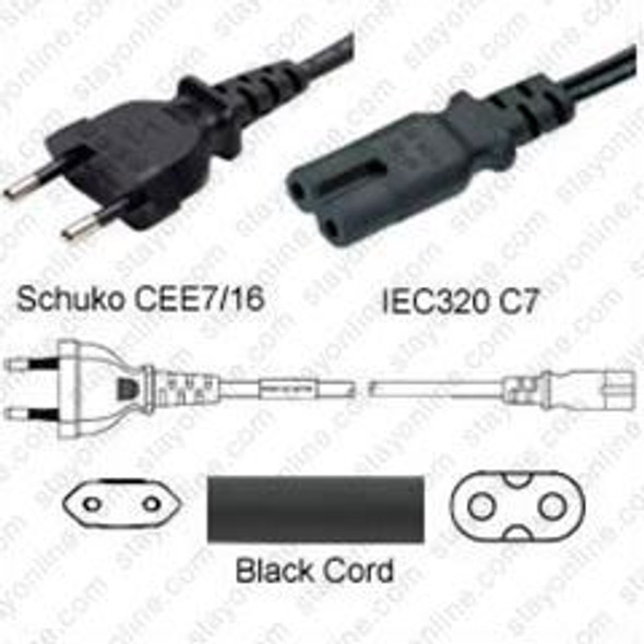 Europe CEE7/16 Male Plug to IEC320 C7 Connector 1.8 meters / 6 feet 2.5A/250V H03VVH2-F2.75 Black - Country Power Cord Hanked