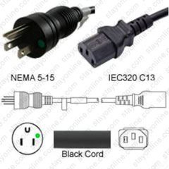 NEMA 5-15 Male Plug to IEC320 C13 Connector Shielded 4.5 meters / 15 feet 10A/125V 18/3 SJT Black - Hospital Grade Power Cord