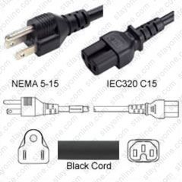NEMA 5-15 Male Plug to IEC320 C15 Connector 1.8 meters / 6 feet 13A/125V 16/3 SJT Black - Power Cord