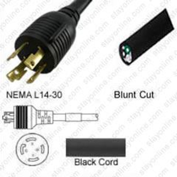 NEMA L14-30 Male Plug to ROJ 3.4 meters / 11 feet 30A/125-250V 10/4 SJT Black - Power Supply Cord
