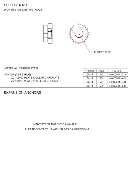 Moreng Telecom NHC05013Y-S 1/2-13  Split  Hex  Nut - Zy | American Cable Assemblies