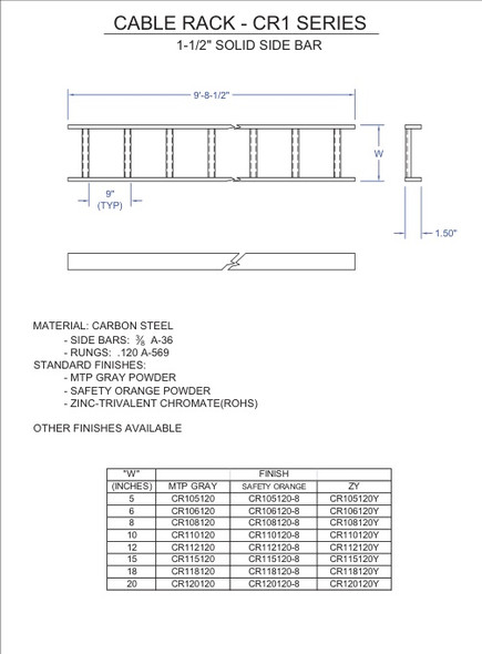 Moreng Telecom CR106120Y Cable Rack - 1.5" X  6" - Zinc Yellow (Plated) | American Cable Assemblies