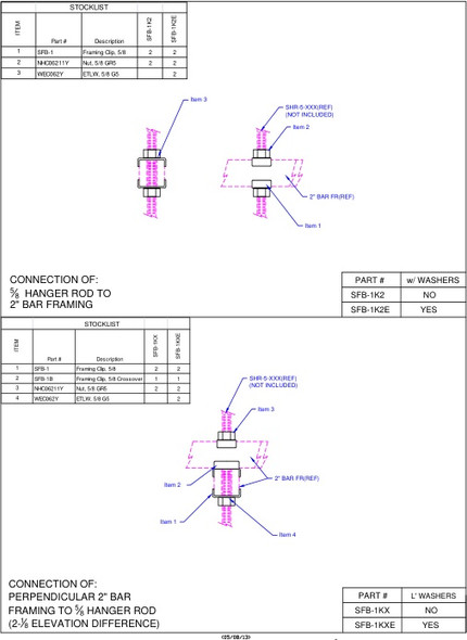 Moreng Telecom SFB-1KXE Connection Of Perpendicular 2" Framing Bar To 5/8 Hanger Rod With Washers | American Cable Assemblies