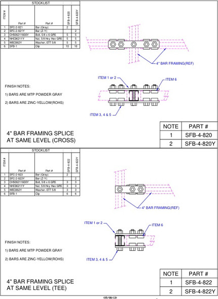 Moreng Telecom SFB-4-820Y 4" Framing Bar Splice Kit  At Same Level (Cross) Zinc Yellow | American Cable Assemblies