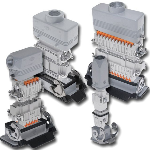 Mencom TQLS-10IO12 Multipole Rectangular Connector Kit, 10-pole tool-less spring terminal inserts, Squich Spring, Size 57.27, 2 pegs, Single latch, Side 1/2" cable entry, Metal enclosure | American Cable Assemblies