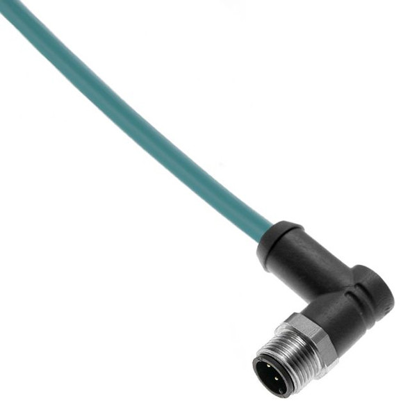Mencom MDE45P-4MP-0.3M-R-SS Ethernet, Cordset, 4 Pole, M12 D-Coded Male Right Angle, 0.3M, Teal, PUR, Stainless Steel | American Cable Assemblies