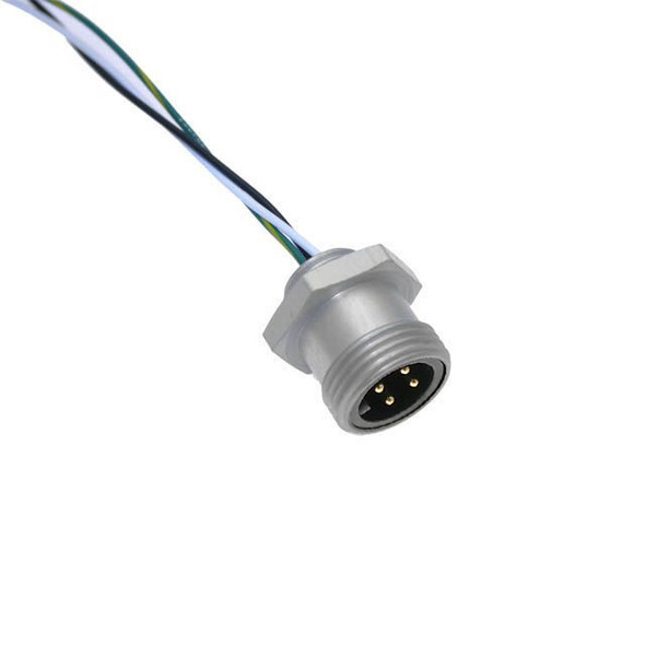 Mencom MINC-4MR-.5-22-M16-SS MIN Size I, Receptacle, 4 Pole, Male Straight, 0.5 Ft, 22awg, European, 4A, M16, Front Mount, Stainless Steel | American Cable Assemblies