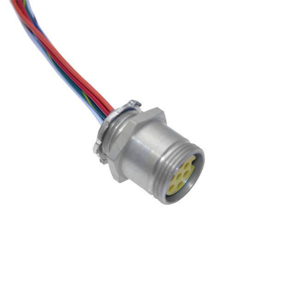 Mencom MIN-6FR2-6 MIN Size II, Receptacle, 6 Pole, Female Straight, 6 Ft, 16awg, 8A, .5-NPT, Front Mount, Aluminum Clear Anodized | American Cable Assemblies