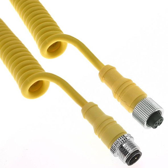 Mencom MDCPQ-4MFP-3.3M MDC, Cordset, 4 Pole, Male Straight / Female Straight, 3.3M (Extended), 4A, Yellow, Coiled PUR Cable, Nickel Plated Brass | American Cable Assemblies