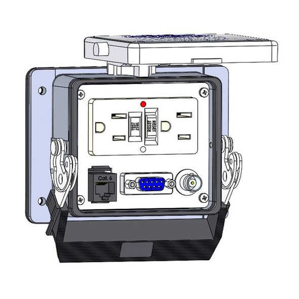 Mencom GF-DB9-RJ45-BNC-32 Panel Interface Connector with GFCI outlet, 9 pin D-sub, RJ45, BNC, in a 32 housing | American Cable Assemblies