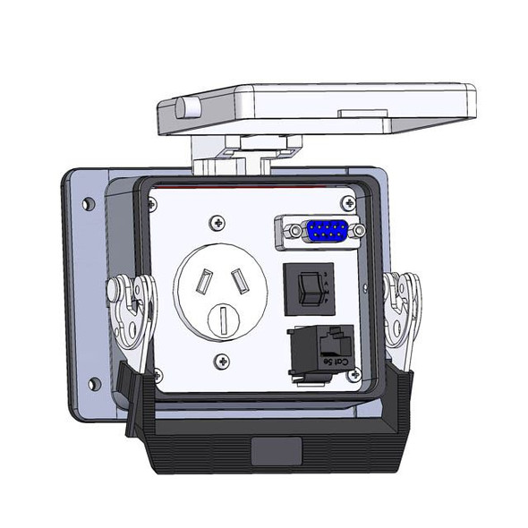 Mencom DAS-DB9-RJ45-R-32 Panel Interface Connector with Australian outlet, DB9, RJ45, and 3amp reset, in a 32 housing | American Cable Assemblies