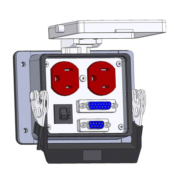 Mencom DP-DB9-DB15-R-32 Panel Interface Connector with Duplex outlet, DB9, DB15, and a 3amp reset, in a 32 housing | American Cable Assemblies