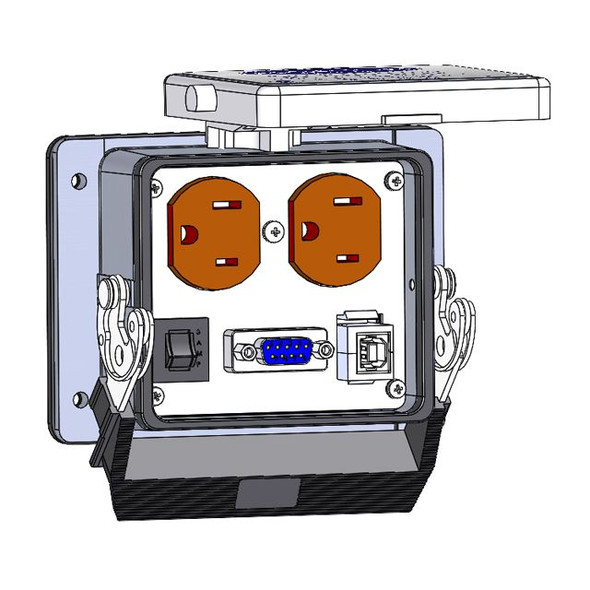 Mencom DP-DB9-USB-BFAF-R-32 Panel Interface Connector with Duplex outlet, DB9, USB-BFAF, and a 3amp reset, in a 32 housing | American Cable Assemblies