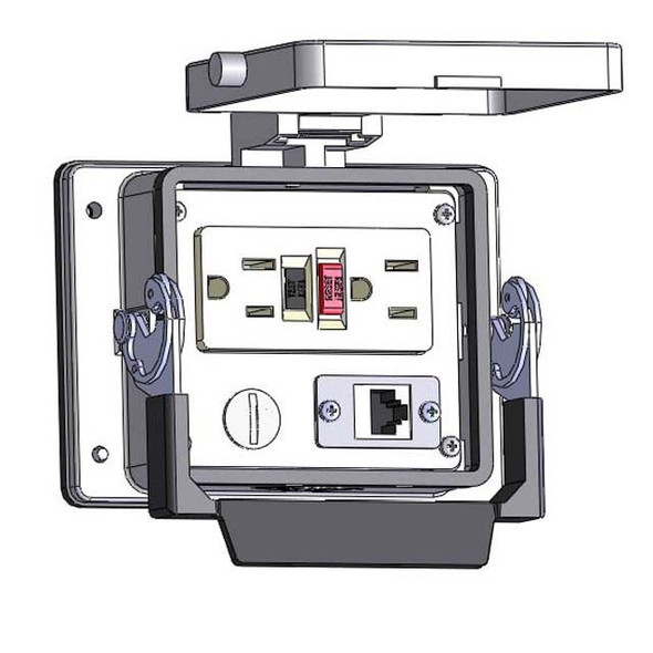 Mencom GF-RJ45S-NR-32 Panel Interface Connector with GFCI Duplex outlet, shielded RJ45, in a 32 housing | American Cable Assemblies