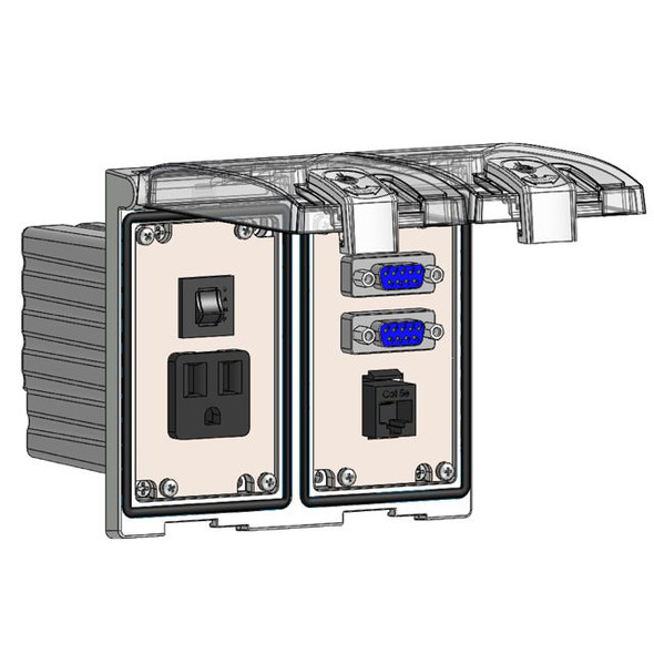 Mencom LP2-DP1-2DB9-RJ45-R Low Profile Panel Interface Connector with Simplex outlet, (2) DB9, RJ45, a 3amp reset in a Two-Single Cover Housing | American Cable Assemblies