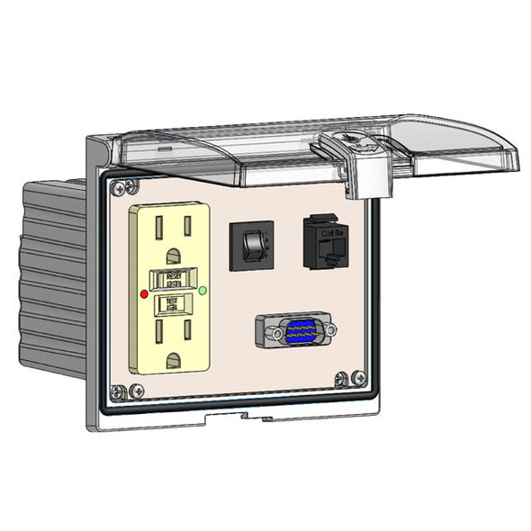 Mencom LP3-GF-DB9M-RJ45-R Low Profile Panel Interface Connector with GFCI outlet, DB9M, RJ45, a 3amp reset in a Double Cover Housing | American Cable Assemblies