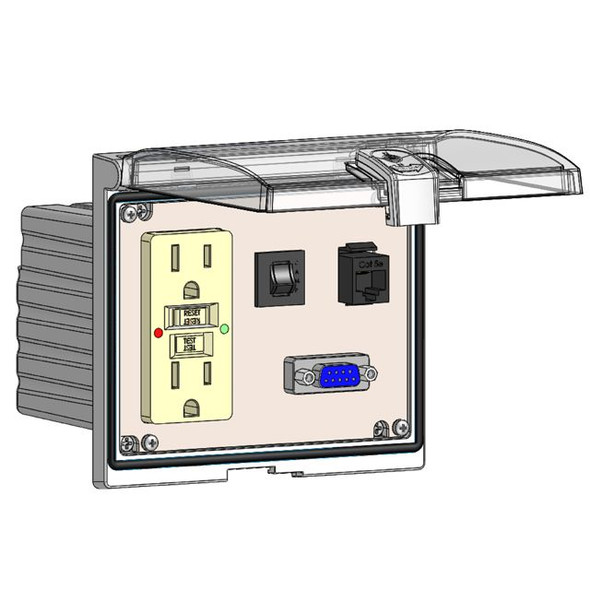 Mencom LP3-GF-DB9F-RJ45-R Low Profile Panel Interface Connector with GFCI outlet, DB9F, RJ45, a 3amp reset in a Double Cover Housing | American Cable Assemblies