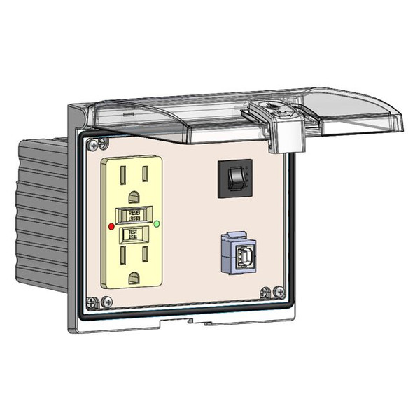 Mencom LP3-GF-USB-BFAF-R Low Profile Panel Interface Connector with GFCI outlet, USB-BFAF, a 3amp reset in a Double Cover Housing | American Cable Assemblies