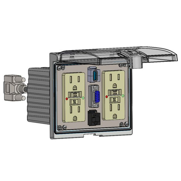 Mencom LP3-2GF-DB9-06-RJ45-USB-AFAF Low Profile Panel Interface Connector with 2 GFCI outlet, DB9 with 6' cable, RJ45, USB Style A female to Style A female in a Double Cover Housing | American Cable Assemblies