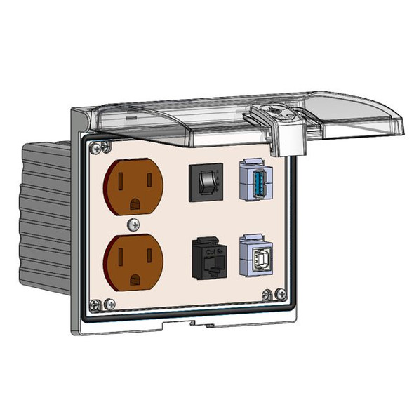 Mencom LP3-DP-RJ45-USBAB-USBBA-R Low Profile Panel Interface Connector with Duplex outlet, RJ45, form A female USB to form B female USB, form B female USB to form A female USB, a 3amp reset in a Double Cover Housing | American Cable Assemblies