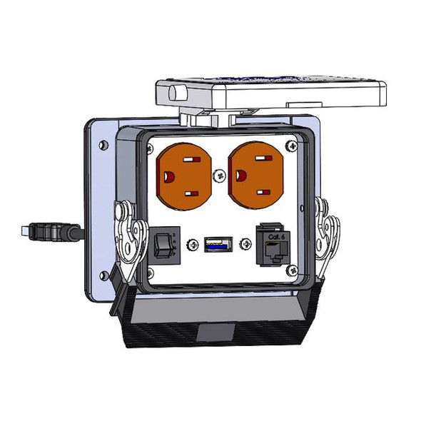 Mencom DP-RJ45-U3B-03-R-32 Panel Interface Connector with Duplex outlet, RJ45, USB 3.0 form A with 3' cable, a 3amp reset, in a 32 housing | American Cable Assemblies