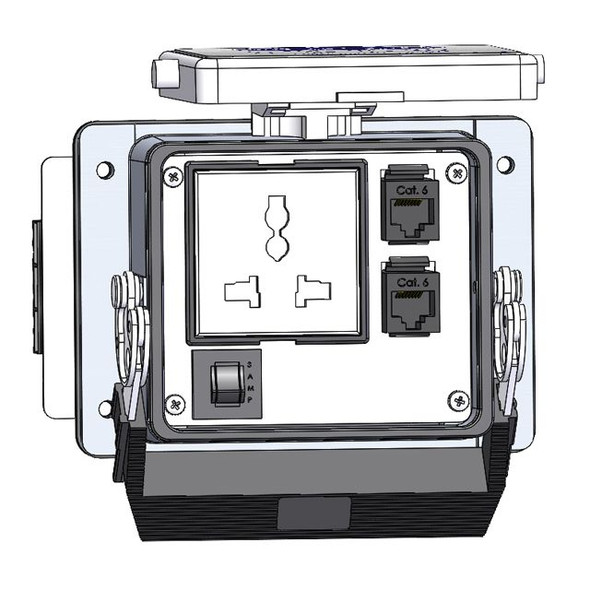 Mencom DUN-2RJ45-R-32 Panel Interface Connector with Universal International outlet, 2 x RJ45, and a 3amp reset, in a 32 housing | American Cable Assemblies