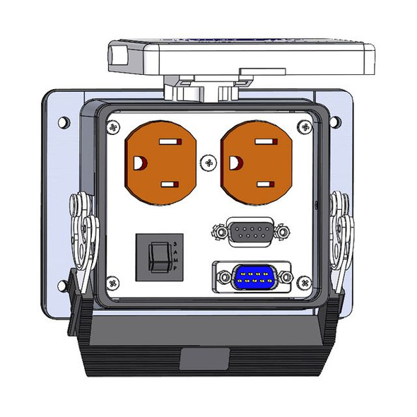 Mencom DHDP-DB9-DB9M-R-32 Panel Interface Connector with Duplex outlet, 9 pin D-sub connected to a 3 pin Blue hose connection for Data Highway, DB9M, and a 3amp reset, in a 32 housing | American Cable Assemblies