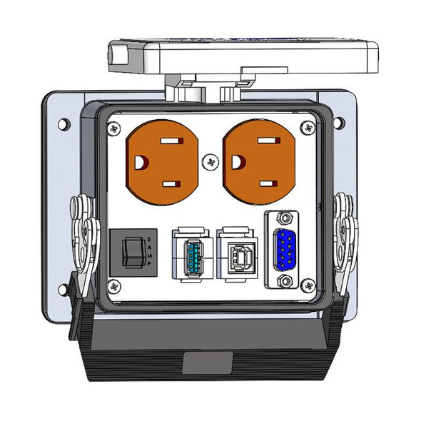 Mencom DP-DB9-USB-AFBF-BFAF-R-32 Panel Interface Connector with Duplex outlet, DB9, USB-AFBF, USB-BFAF, and a 3amp reset, in a 32 housing | American Cable Assemblies
