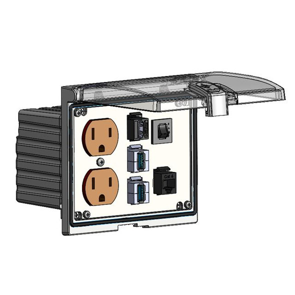 Mencom LP3-DP-HDMI-RJ45-2USB-AFAF-5R Low Profile Panel Interface Connector with Duplex outlet, HDMI, RJ45, 2 x USB-AFAF, a 5amp reset in a Double Cover Housing | American Cable Assemblies