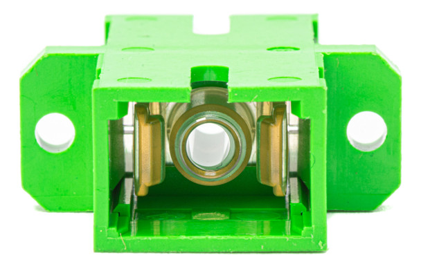 SC to SC APC Fiber Adapter. Simplex Singlemode with Zirconia Sleeve & Plastic Flange - Green. Tray of 50.