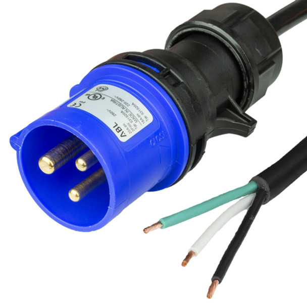 6FT (1.8m) IEC 60309 6H 2P+E BLUE PLUG to OPEN (2 in ROJ + 0.25 in Strip) 20A 250V UL CSA 12awg-3c (B/W/G) SJTOW 105c BLACK