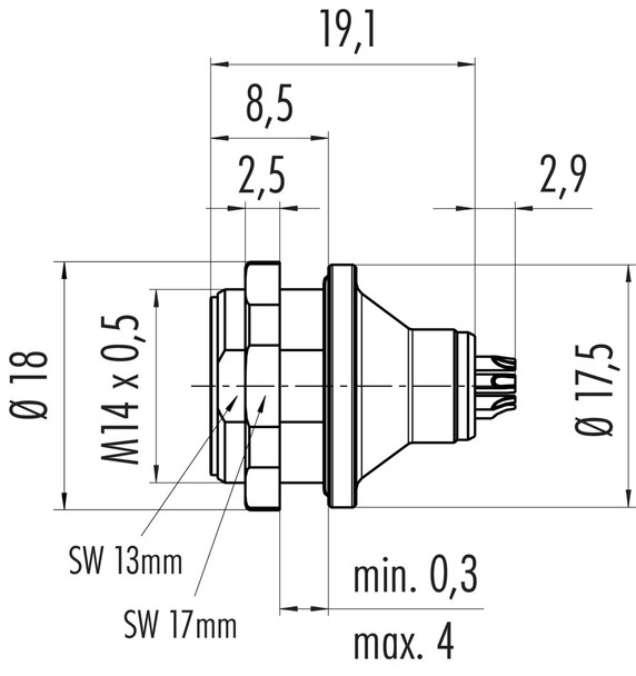 Binder 09-4907-081-03 Push-Pull Male panel mount connector, Contacts: 3, shieldable, solder, IP67, front fastened