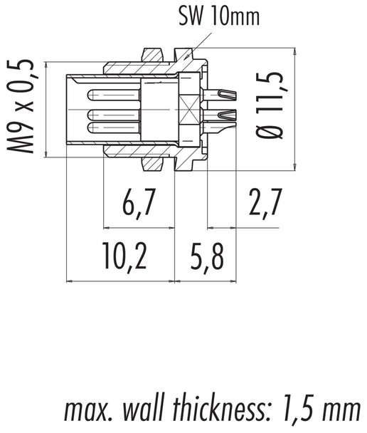 Binder 09-0073-00-02 M9 IP40 Male panel mount connector, Contacts: 2, unshielded, solder, IP40