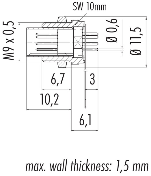 Binder 09-0477-65-07 M9 IP40 Male panel mount connector, Contacts: 7, unshielded, THT, IP40