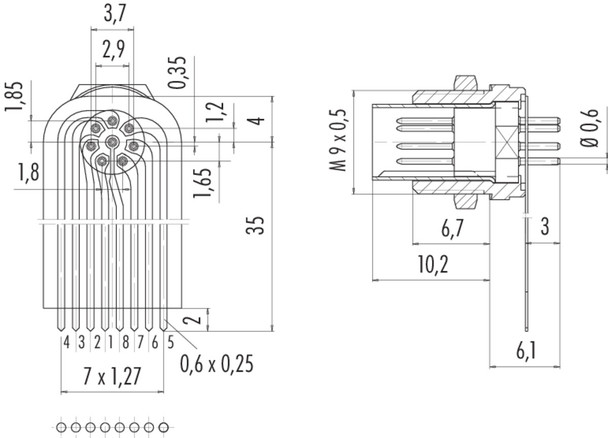 Binder 09-0481-65-08 M9 IP40 Male panel mount connector, Contacts: 8, unshielded, THT, IP40