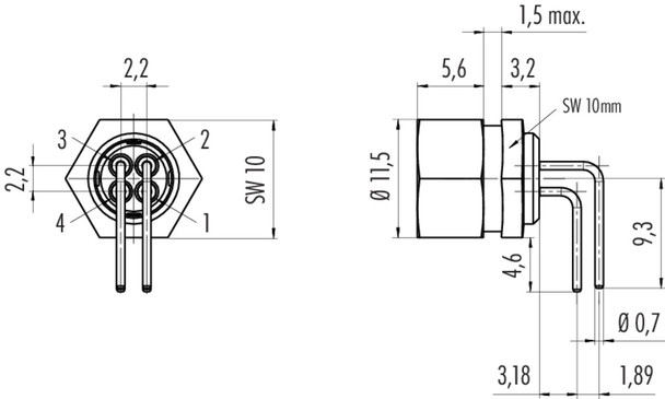 Binder 09-0082-32-04 M9 IP40 Female angled panel mount connector, Contacts: 4, unshielded, THT, IP40