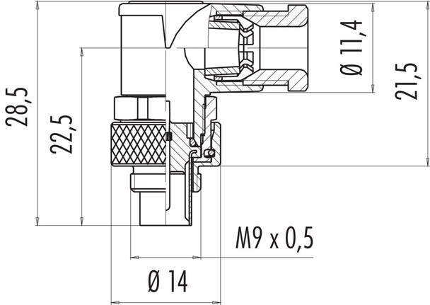 Binder 99-0401-70-02 M9 IP67 Male angled connector, Contacts: 2, 3.5-5.0 mm, unshielded, solder, IP67