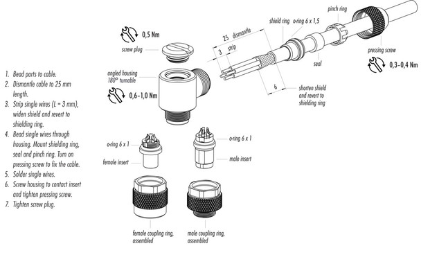 Binder 99-0425-75-08 M9 IP67 Male angled connector, Contacts: 8, 3.5-5.0 mm, shieldable, solder, IP67