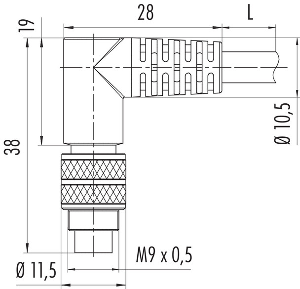 Binder 79-1410-75-04 M9 IP67 Female angled connector, Contacts: 4, shielded, moulded on the cable, IP67, PUR, black, 5 x 0.25 mm², 5 m