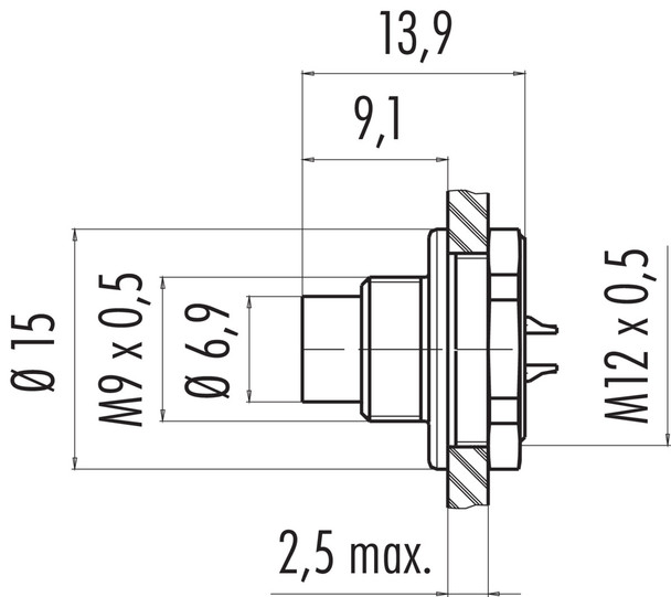 Binder 09-0403-00-02 M9 IP67 Male panel mount connector, Contacts: 2, unshielded, solder, IP67