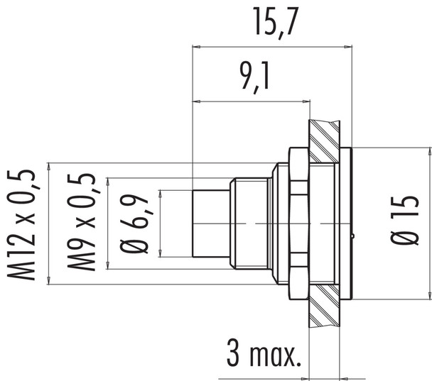 Binder 09-0407-80-03 M9 IP67 Male panel mount connector, Contacts: 3, unshielded, solder, IP67, front fastened