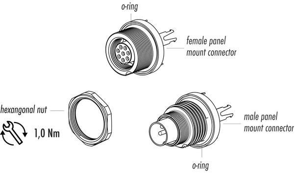 Binder 09-0407-30-03 M9 IP67 Male panel mount connector, Contacts: 3, shieldable, THT, IP67, front fastened