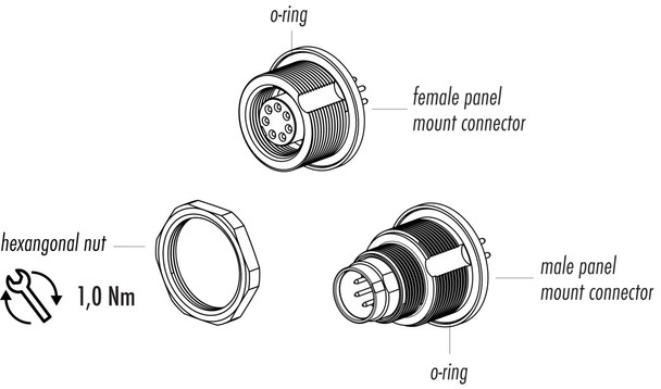 Binder 09-0416-90-05 M9 IP67 Female panel mount connector, Contacts: 5, unshielded, THT, IP67, front fastened