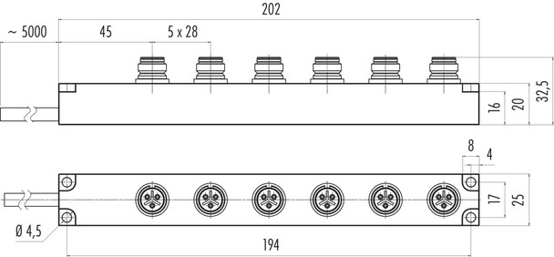 Binder 72-9142-500-06 Snap-In IP67 6-way distributor, Contacts: 5, unshielded, moulded on the cable, IP67, 5 x 0.75 mm²