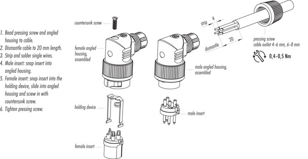 Binder 99-0609-70-04 Bayonet Male angled connector, Contacts: 4, 4.0-6.0 mm, unshielded, solder, IP40