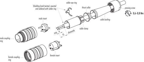 Binder 99-2005-02-03 M16 IP40 Male cable connector, Contacts: 3 (03-a), 6.0-8.0 mm, shieldable, solder, IP40