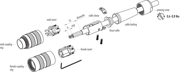 Binder 99-2005-220-03 M16 IP40 Male cable connector, Contacts: 3 (03-a), 6.0-8.0 mm, shieldable, screw clamp, IP40