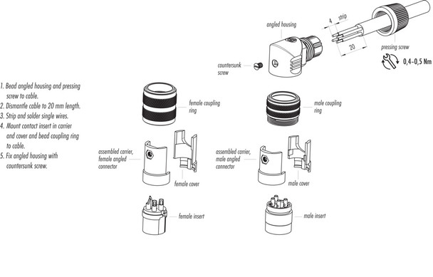 Binder 09-0145-70-07 M16 IP40 Male angled connector, Contacts: 7 (07-a), 4.0-6.0 mm, unshielded, solder, IP40