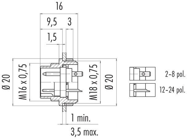 Binder 09-0327-09-07 M16 IP40 Male panel mount connector, Contacts: 7 (07-a), unshielded, solder, IP40