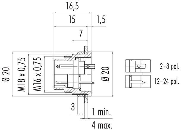 Binder 09-0303-80-02 M16 IP40 Male panel mount connector, Contacts: 2 (02-a), unshielded, solder, IP40, front fastened